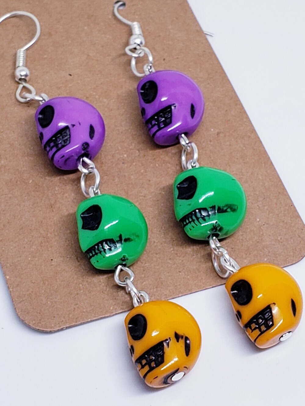 Handmade Purple Orange Green Halloween Skull Dangle Earrings